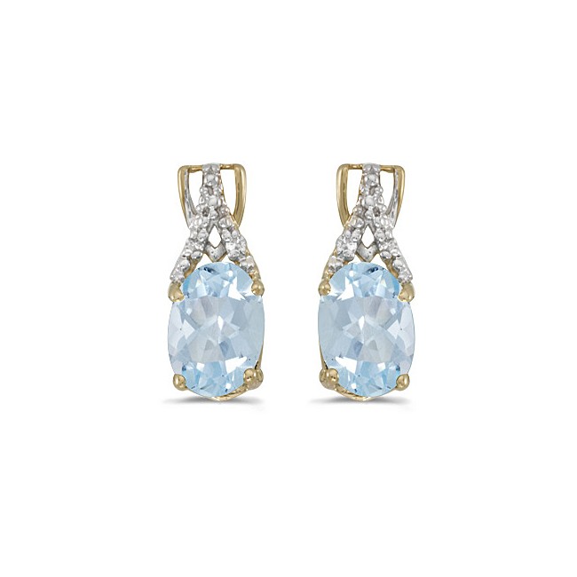 14k Yellow Gold Oval Aquamarine And Diamond Earrings