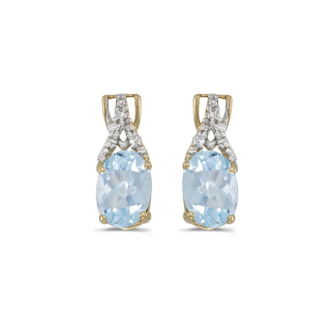 14k Yellow Gold Oval Aquamarine And Diamond Earrings