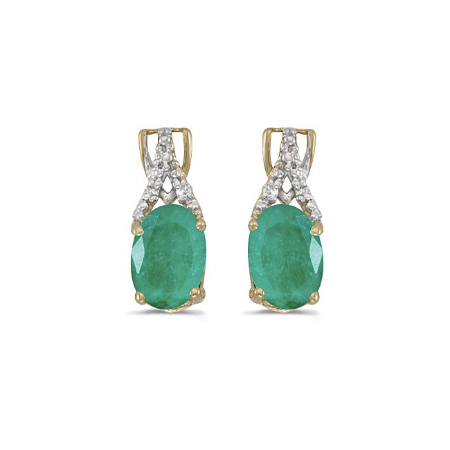 14k Yellow Gold Oval Emerald And Diamond Earrings