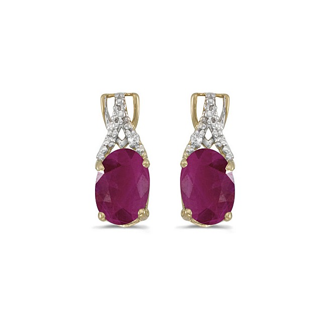 14k Yellow Gold Oval Ruby And Diamond Earrings