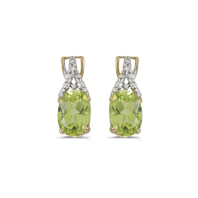 14k Yellow Gold Oval Peridot And Diamond Earrings