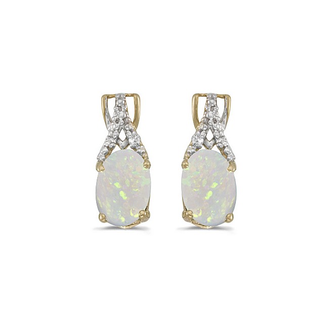 14k Yellow Gold Oval Opal And Diamond Earrings