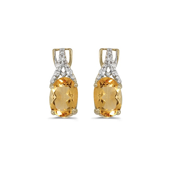 14k Yellow Gold Oval Citrine And Diamond Earrings