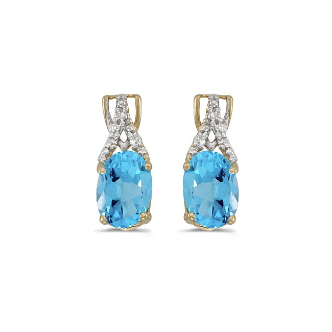 14k Yellow Gold Oval Blue Topaz And Diamond Earrings