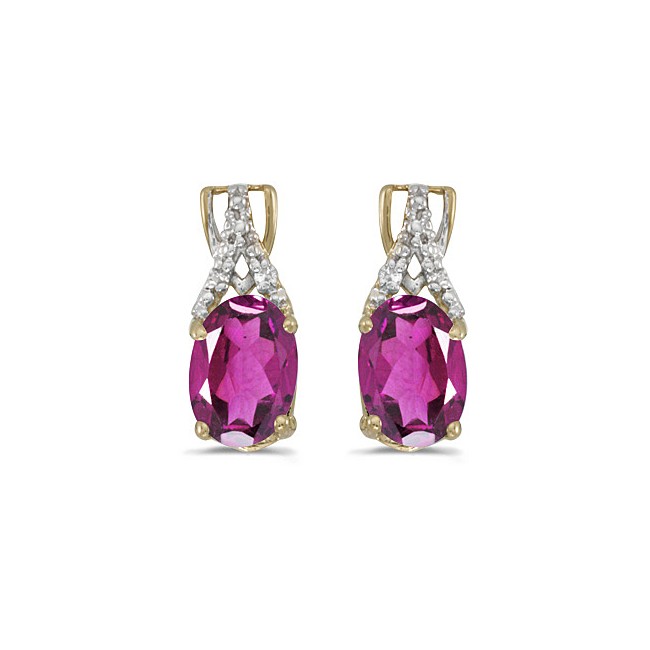 14k Yellow Gold Oval Pink Topaz And Diamond Earrings