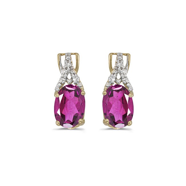 14k Yellow Gold Oval Pink Topaz And Diamond Earrings