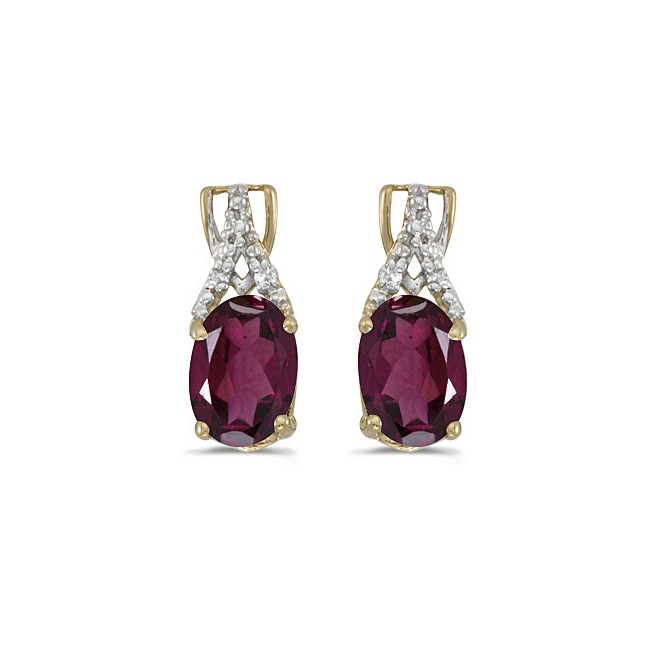 14k Yellow Gold Oval Rhodolite Garnet And Diamond Earrings