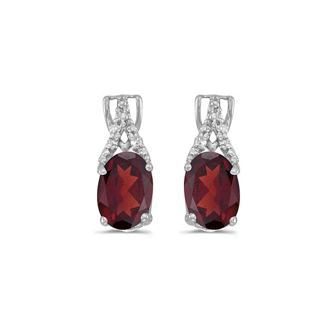 14k White Gold Oval Garnet And Diamond Earrings