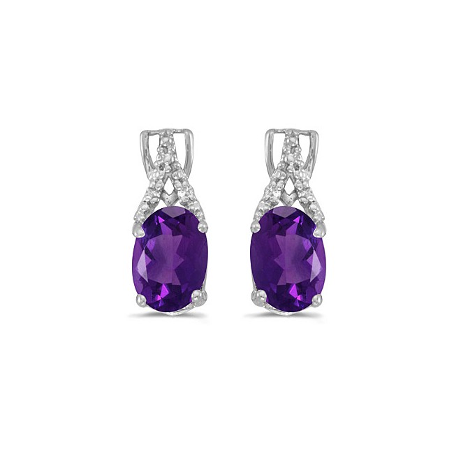 14k White Gold Oval Amethyst And Diamond Earrings