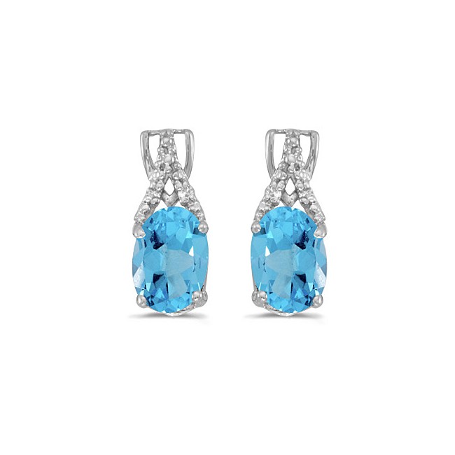 14k White Gold Oval Blue Topaz And Diamond Earrings