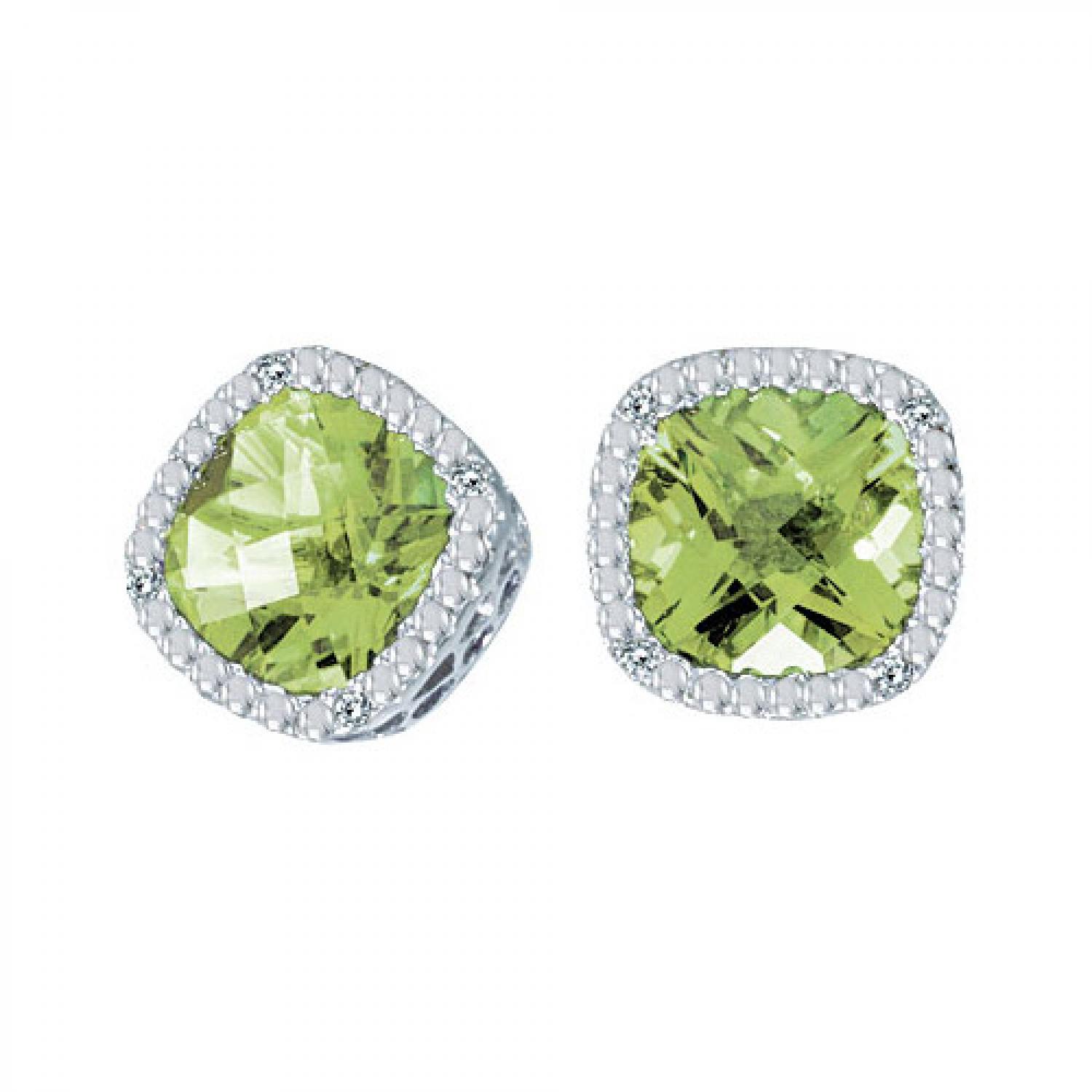 14K White Gold 7mm Cushion Peridot and Diamond Earrings