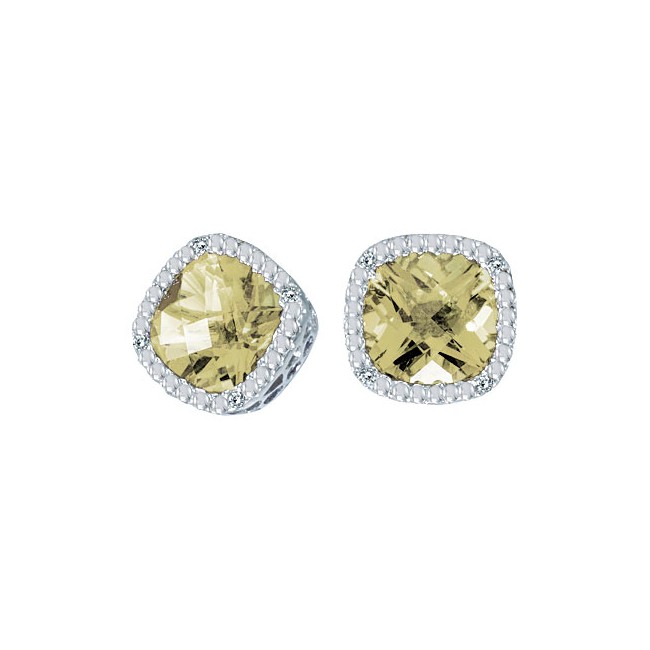 14K White Gold 7mm Cushion Lemon Quartz and Diamond Earrings