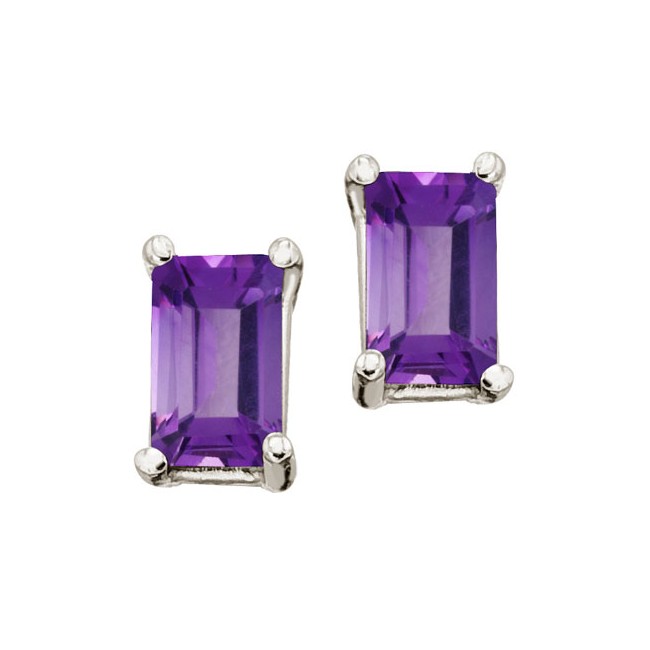 14K White Gold Birthstone Emerald Cut Amethyst Earrings