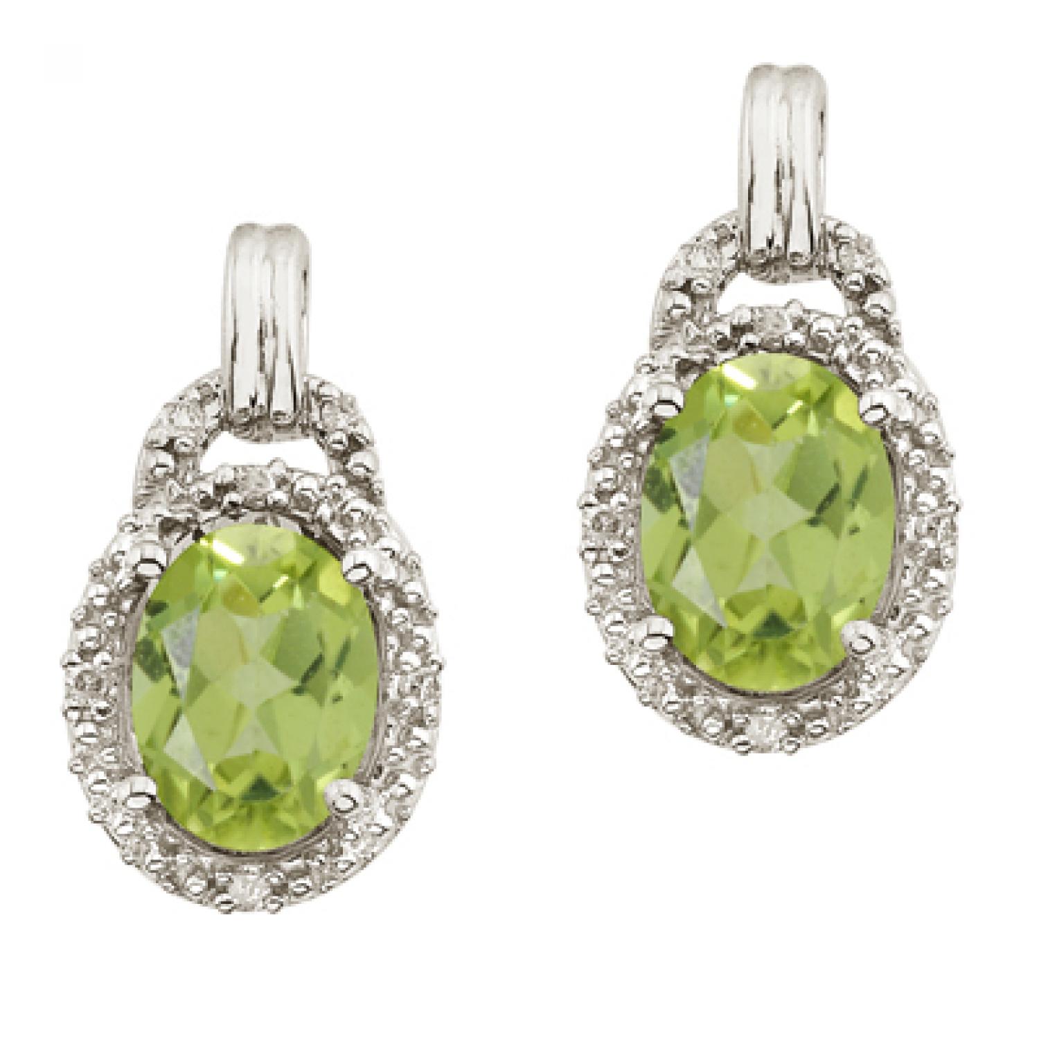 14K White Gold 8x6 Oval Peridot and Diamond Earrings