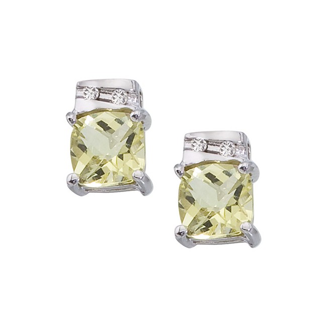 14K White Gold 5 mm Lemon Quartz and Diamond Earrings