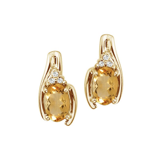 14K Yellow Gold Oval Citrine and Diamond Earrings