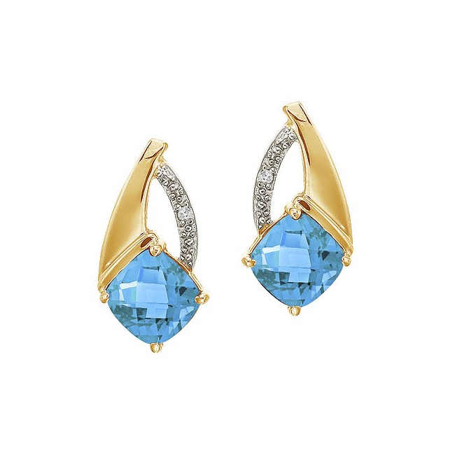 14K Yellow Gold Blue Topaz and Diamond Earrings