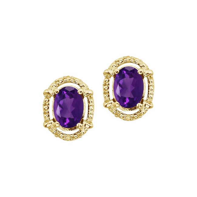 14K Yellow Gold Oval Amethyst and Diamond Earrings