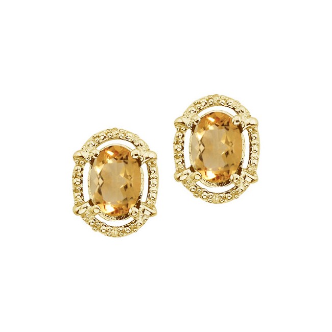 14K Yellow Gold Oval Citrine and Diamond Earrings