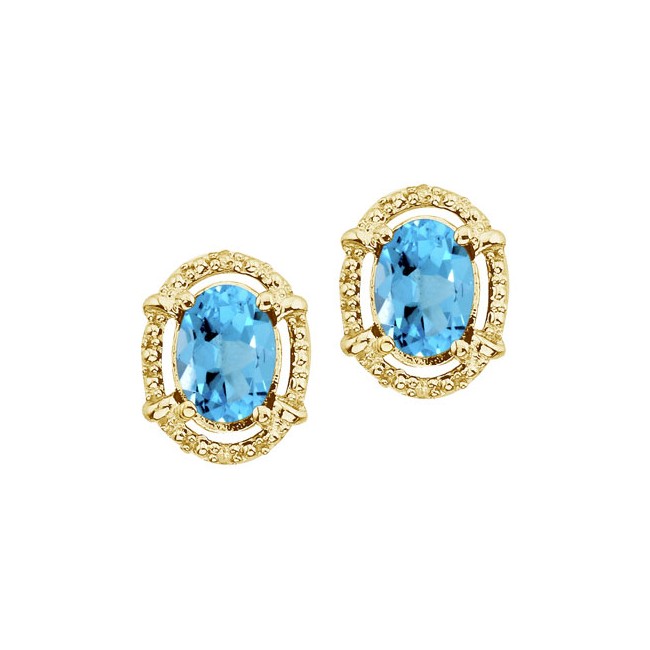 14K Yellow Gold Oval Blue Topaz and Diamond Earrings