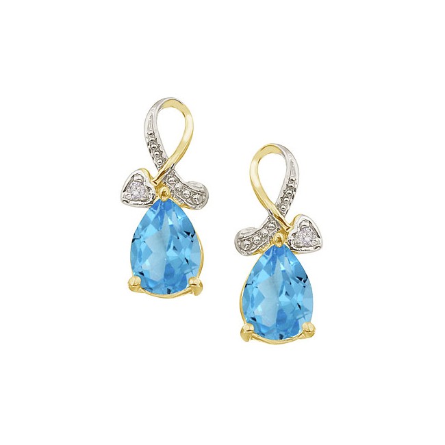 14K Yellow Gold Pear Blue Topaz and Diamond Earrings