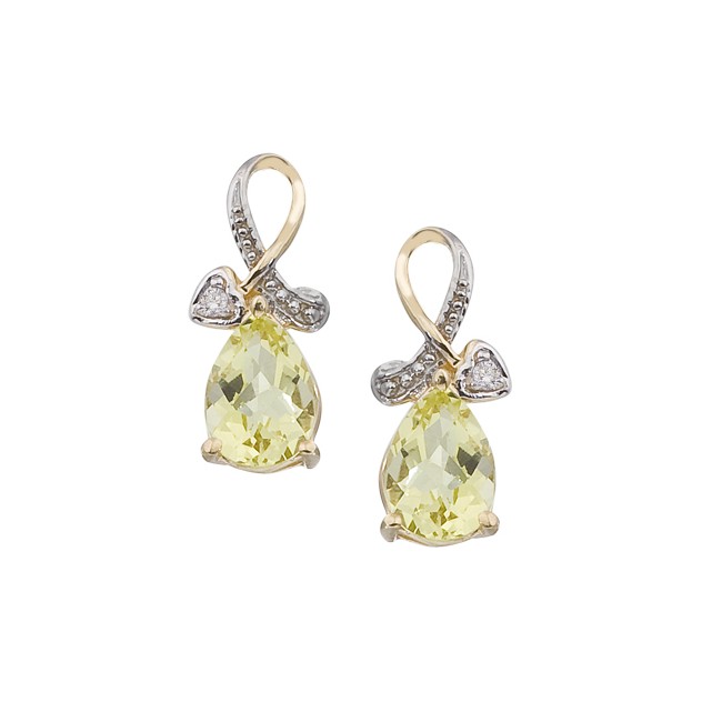 14K Yellow Gold Pear Lemon Quartz and Diamond Earrings