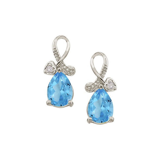 14K White Gold Pear Blue Topaz and Diamond Earrings