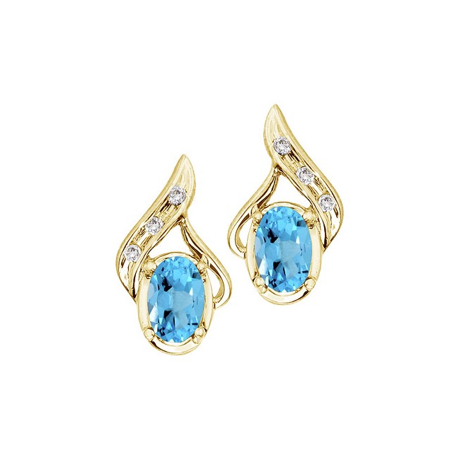 14K Yellow Gold Oval Blue Topaz and Diamond Earrings