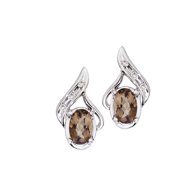 14K White Gold Oval Smoky Topaz and Diamond Earrings