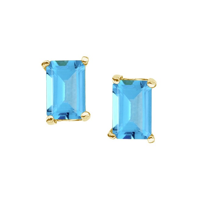 14K Yellow Gold Emerald Cut Blue Topaz Earrings