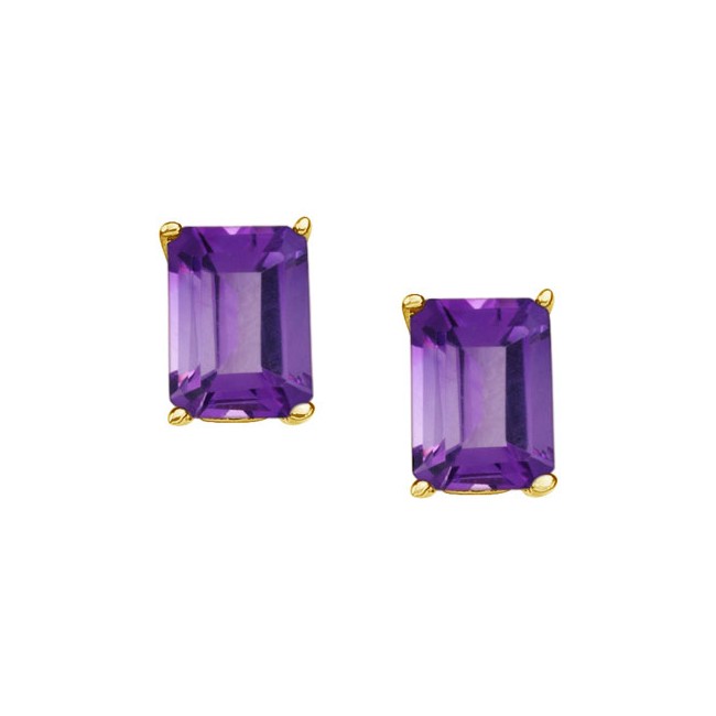 14K Yellow Gold 7x5 mm Emerald Cut Amethyst Earrings