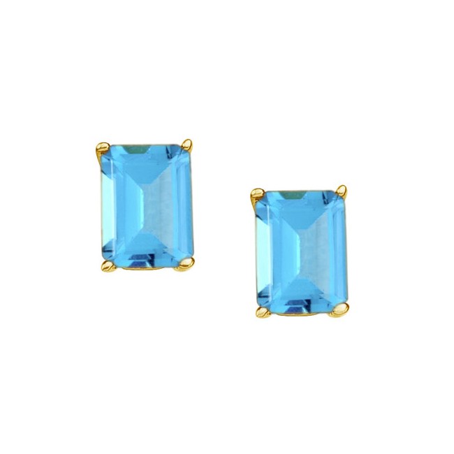 14K Yellow Gold 7x5 mm Emerald Cut Blue Topaz Earrings