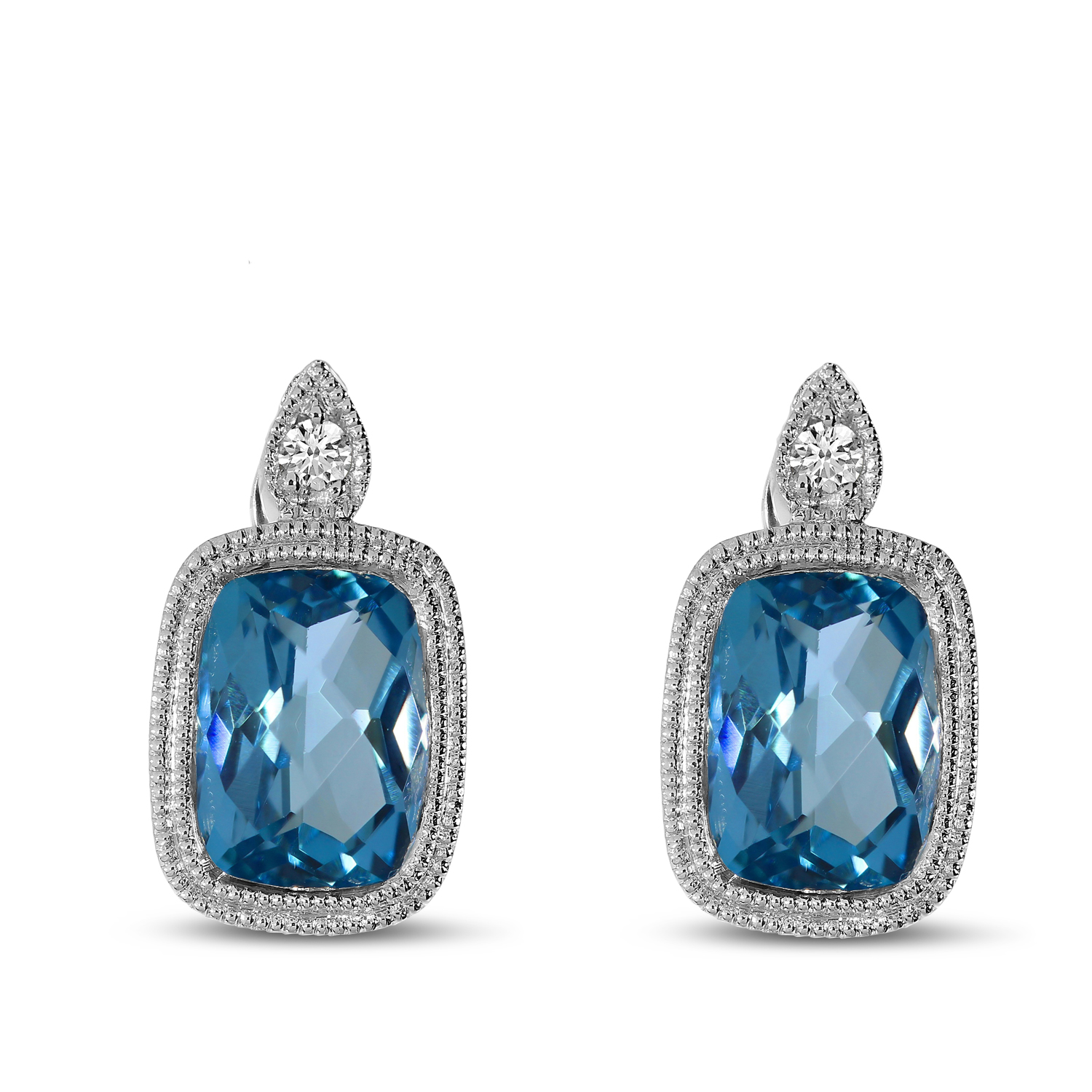14K White Gold Blue Topaz Cushion Semi & Diamond Earrings
