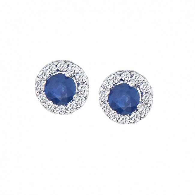 14K White Gold Precious 4 mm Round Sapphire and Diamond Halo Earrings