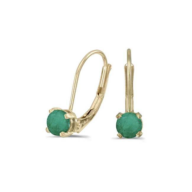 14k Yellow Gold Round Emerald Lever-back Earrings