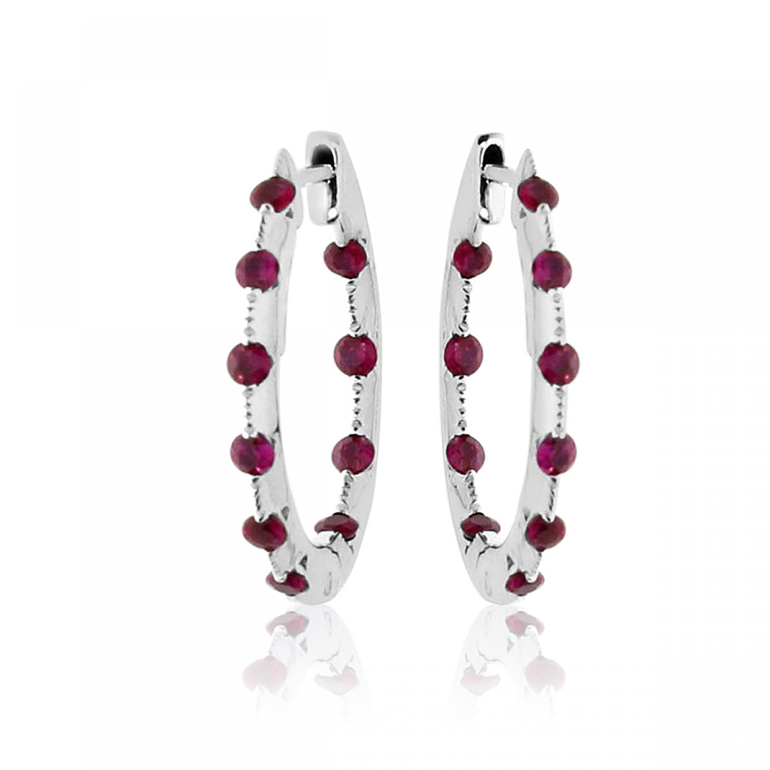 14K White Gold Tension Set Ruby Hoop Earrings