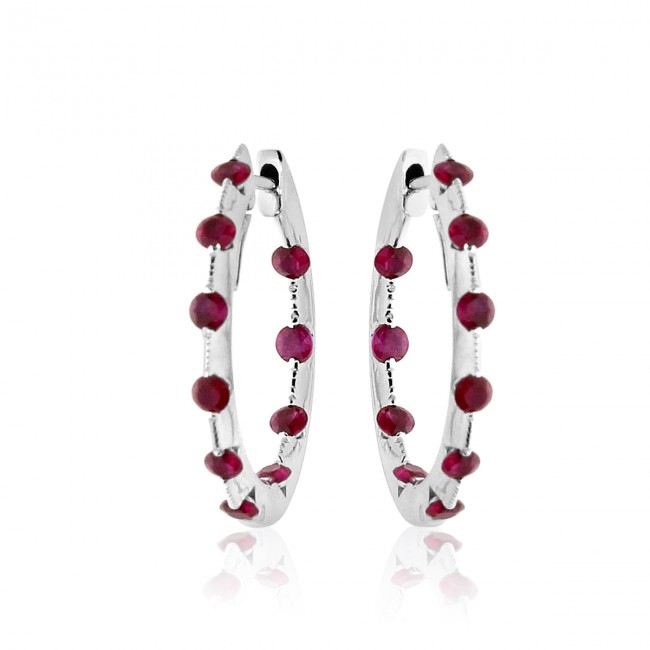 14K White Gold Tension Set Ruby Hoop Earrings