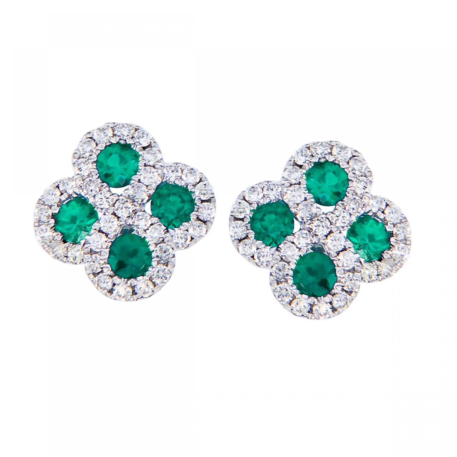 14K White Gold .60 Ct Precious Round Emerald and Diamond Clover Post Earrings