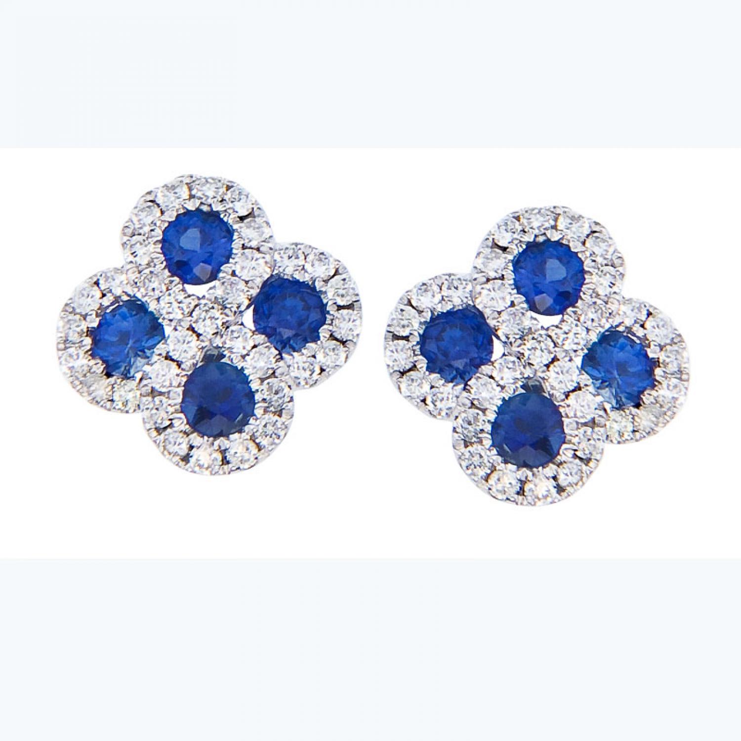 14K White Gold .60 Ct Precious Round Sapphire and Diamond Clover Post Earrings