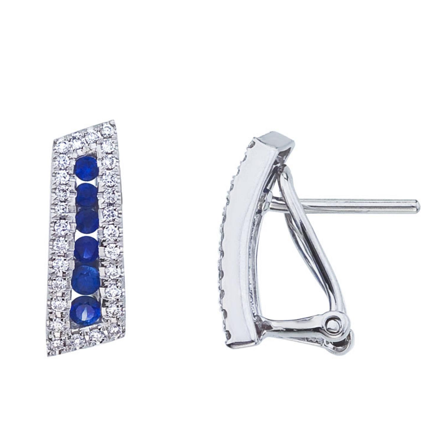 14K White Gold Precious Round Sapphire and Diamond Euro Back Fashion Earrings