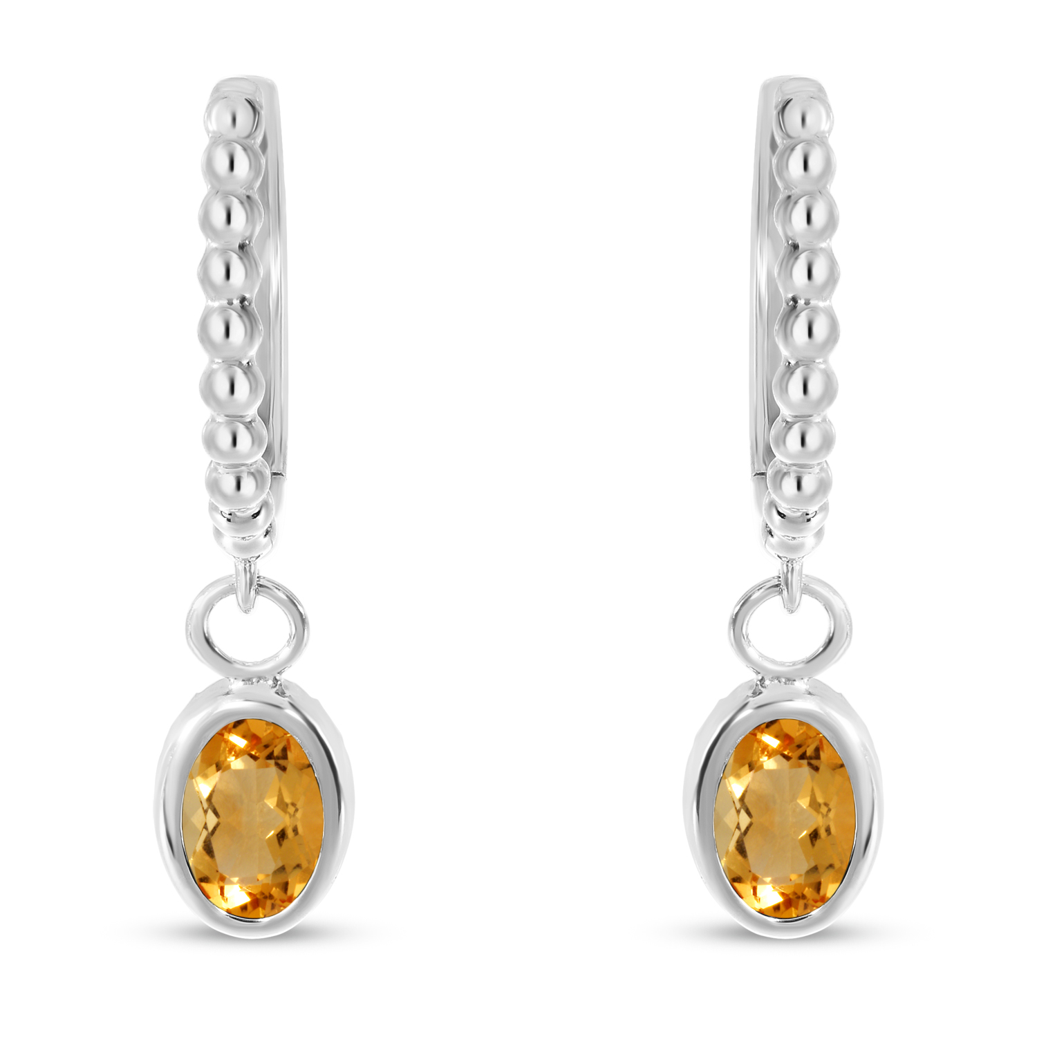 14K White Gold Oval Citrine Dangle Textured Huggie Earrings