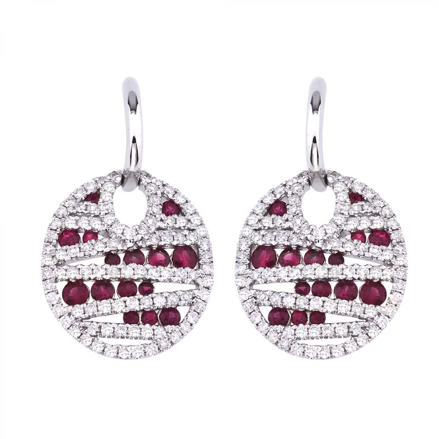 14K White Gold Precious Ruby and Diamond Disc Earrings