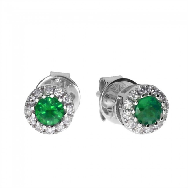 14k White Gold Precious Emerald and Diamond Round Earrings