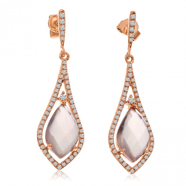 14K Rose Gold Marquise Rose Quartz and Diamond Semi Precious Dangle Earrings