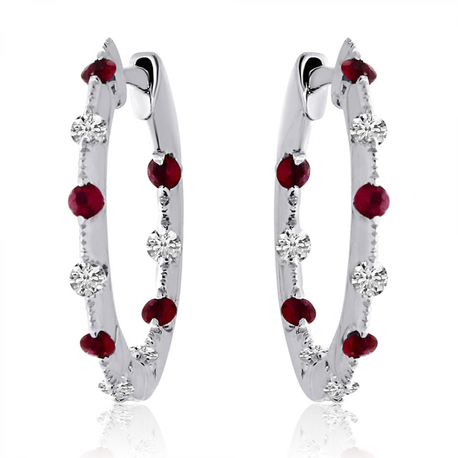 14K White Gold Precious Ruby and Diamond Tension Set Hoop Earrings