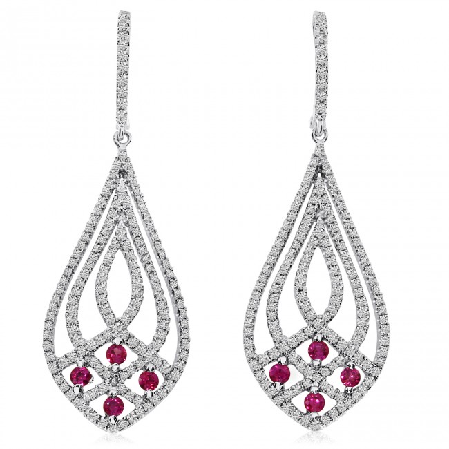 14K White Gold Precious Ruby and 1.3 Ct Diamond Fashion Drop Earrings