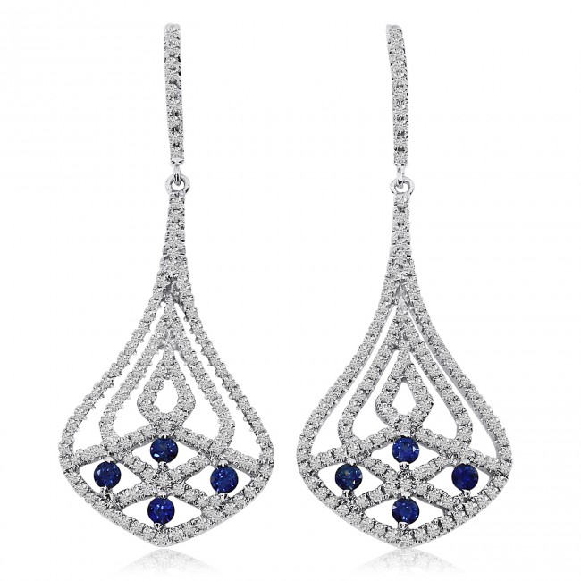14K White Gold Precious Sapphire and 1.09 Ct Diamond Bell Drop Fashion Earrings
