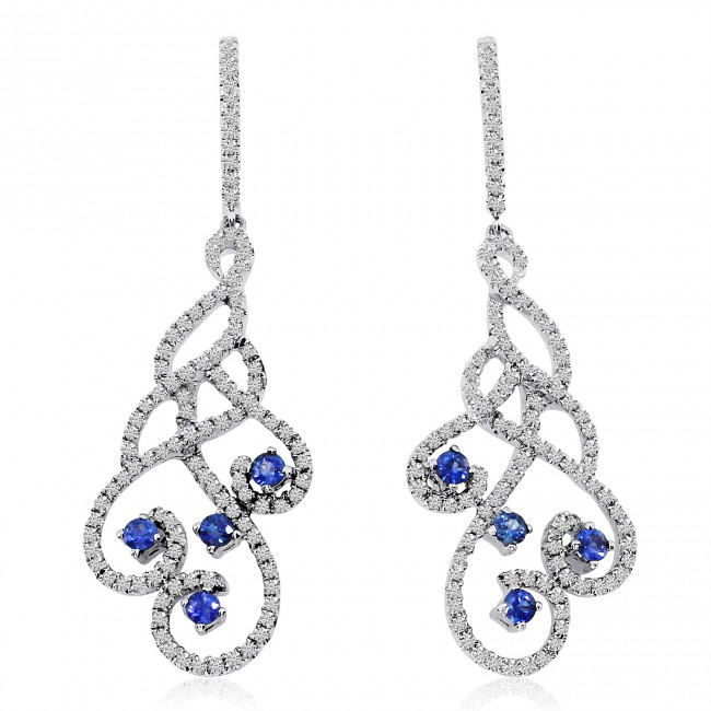 14K White Gold Precious Sapphire and .90 Ct Diamond Swirl Drop Fashion Earrings