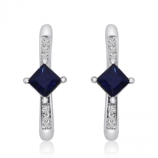 14K White Gold Princess Sapphire and Diamond Precious Euro Back Earrings