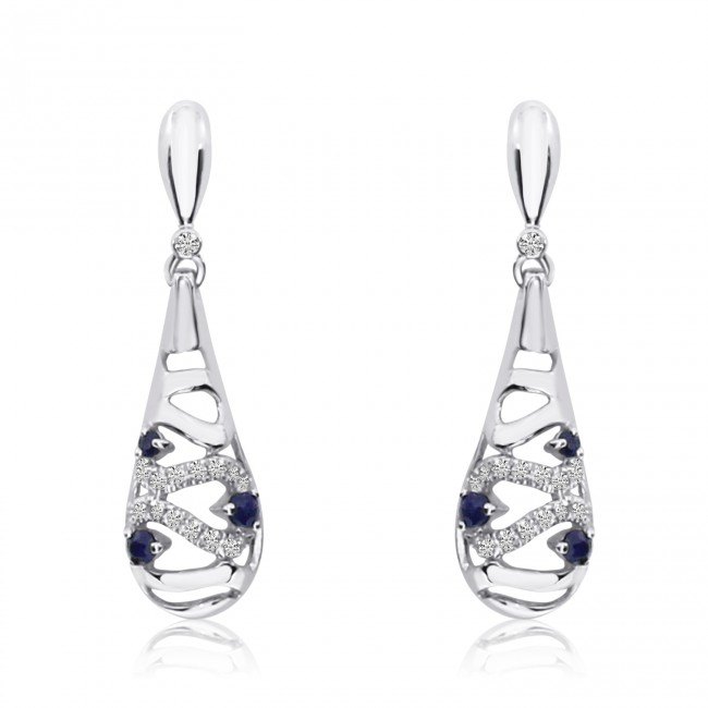 14K White Gold Sapphire and Single Cut Diamond  Beehive Precious Fashion Earring